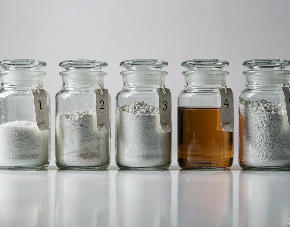 Laboratory jars of white surfactant powders and an amber liquid surfactant sample on a white background