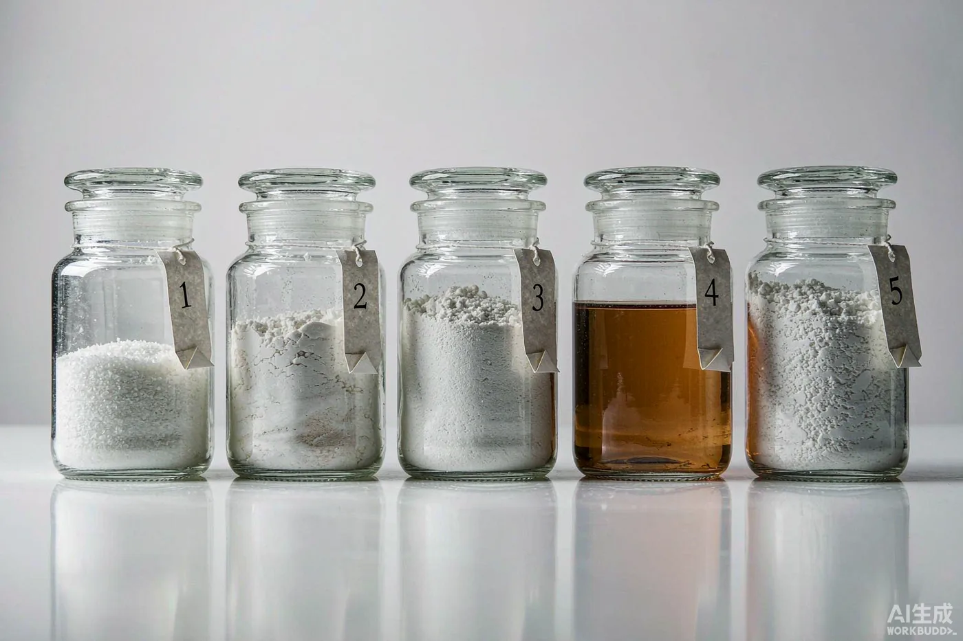 Laboratory jars of white surfactant powders and an amber liquid surfactant sample on a white background
