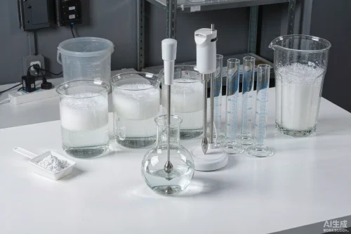 Laboratory formulation bench with beakers of foaming surfactant solution and white surfactant powder