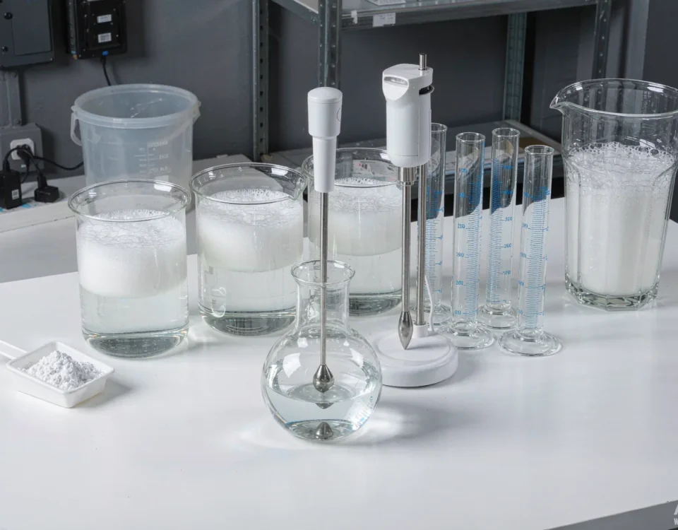 Laboratory formulation bench with beakers of foaming surfactant solution and white surfactant powder