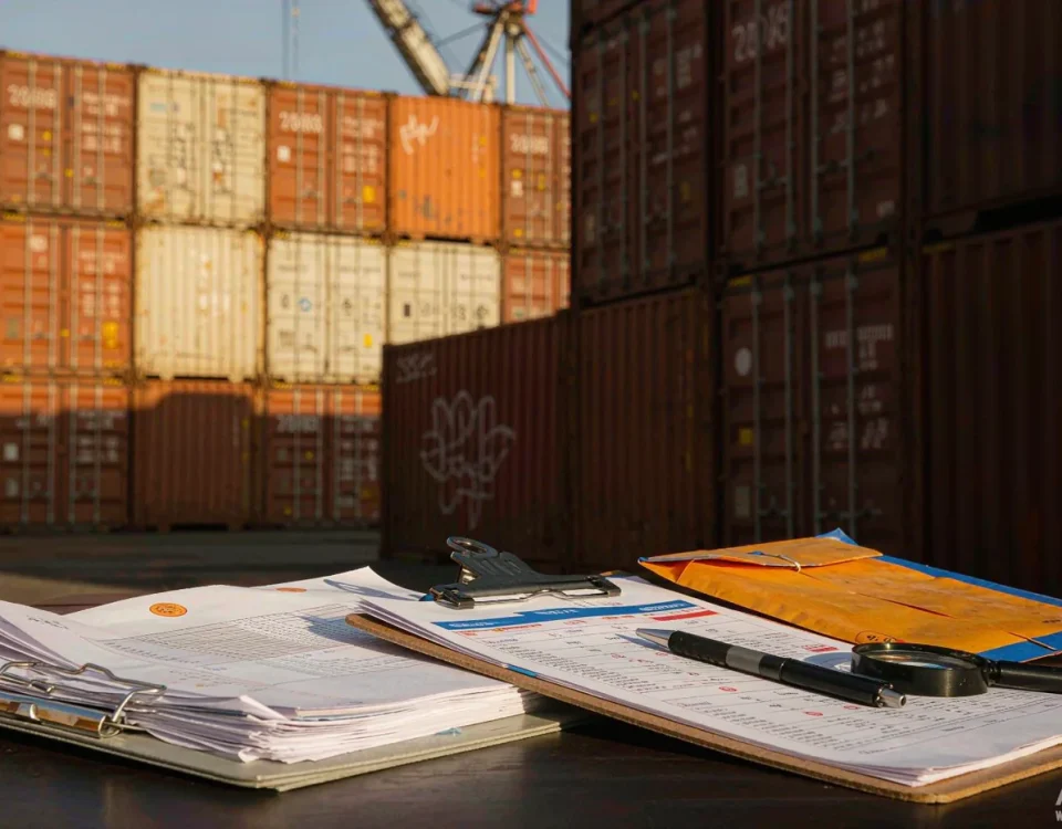 Shipping containers at a port terminal with customs documents in the foreground