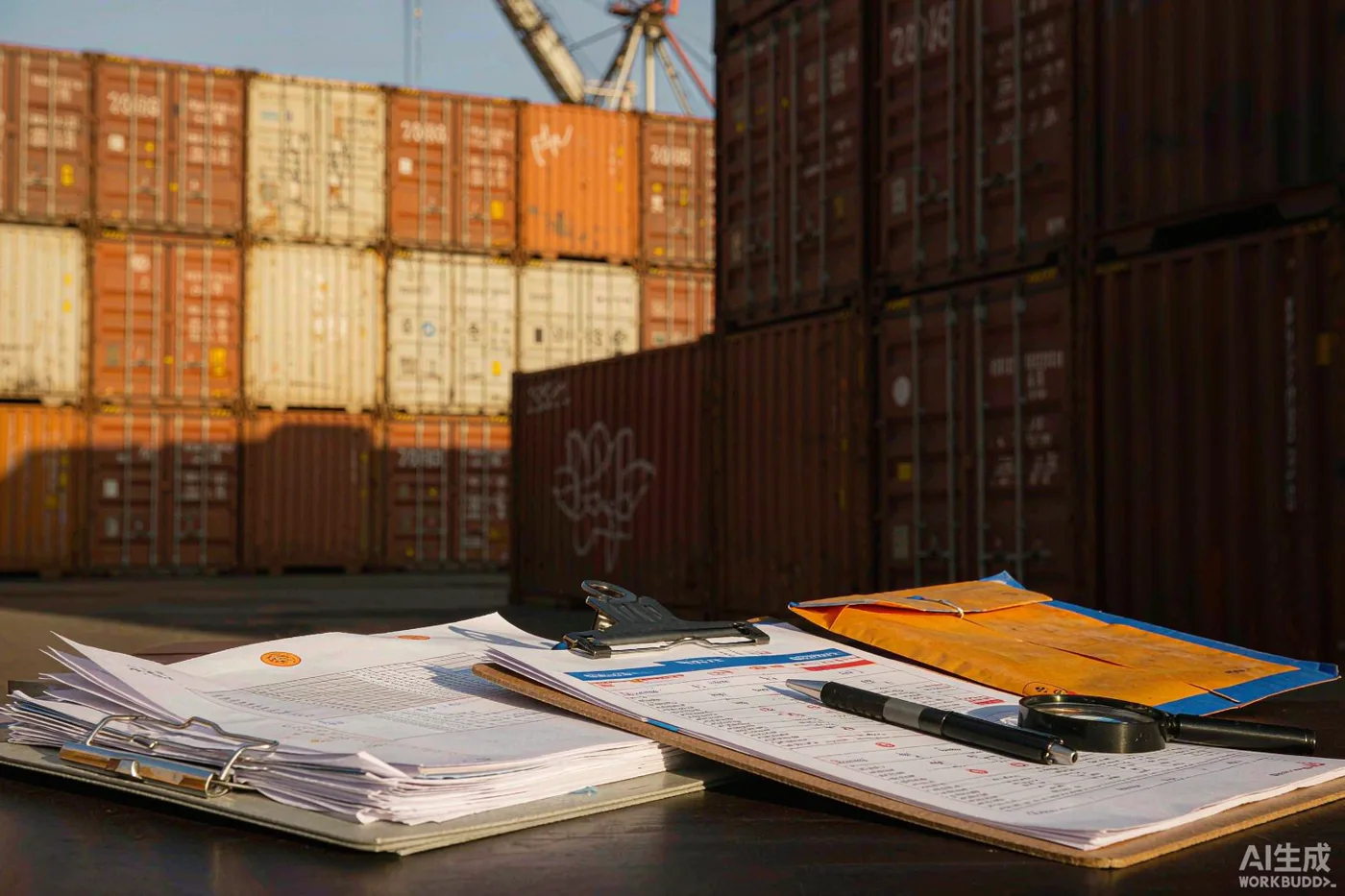 Shipping containers at a port terminal with customs documents in the foreground