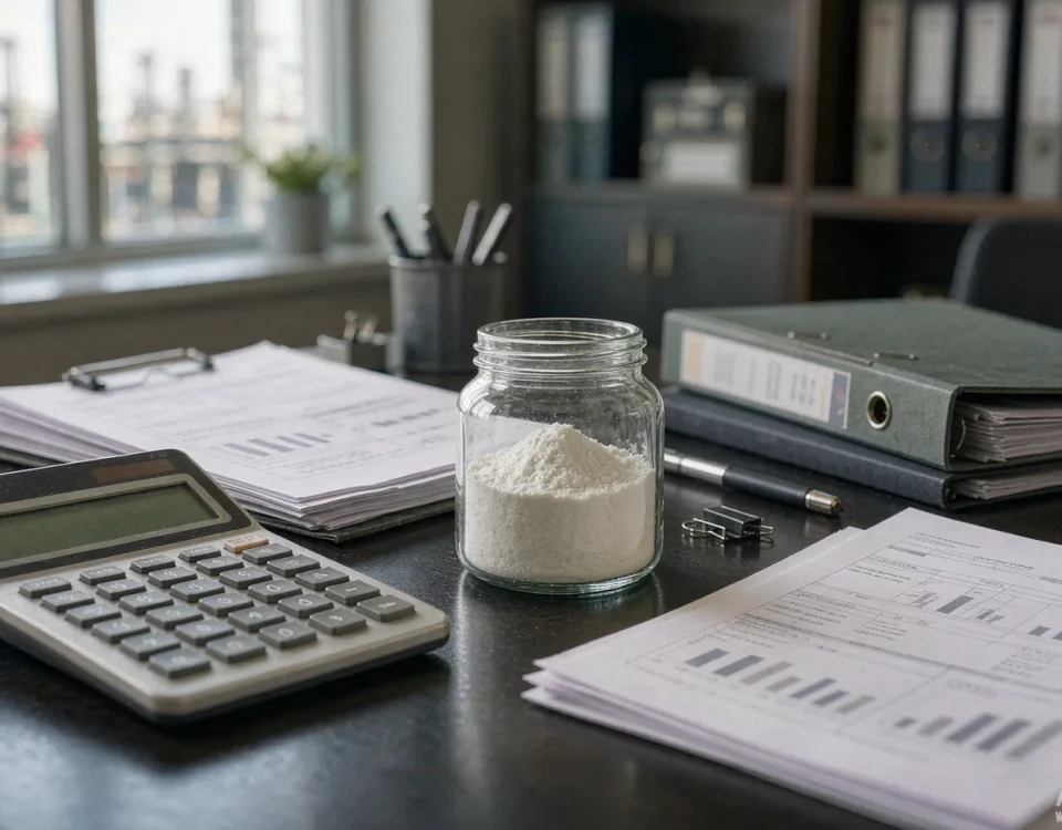 Procurement desk with calculator, specification sheets and a jar of white surfactant powder