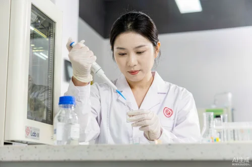 Quality control technician in a white lab coat pipetting a surfactant sample in a laboratory