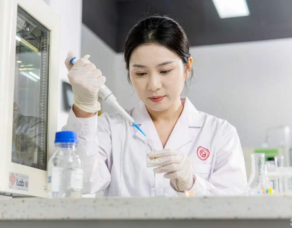 Quality control technician in a white lab coat pipetting a surfactant sample in a laboratory