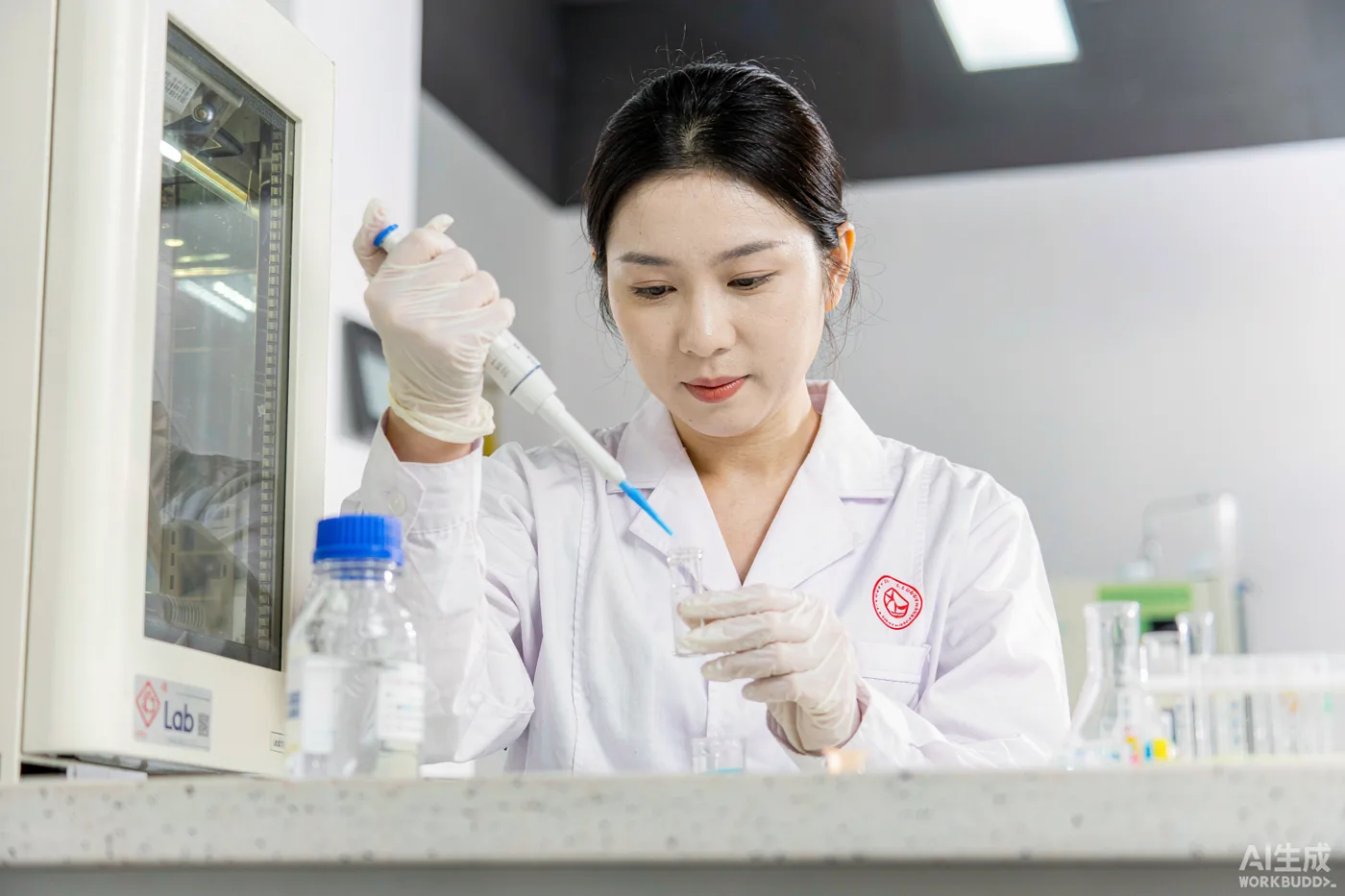 Quality control technician in a white lab coat pipetting a surfactant sample in a laboratory