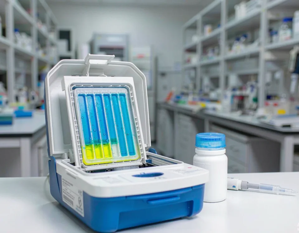 Electrophoresis-grade sodium dodecyl sulfate (SDS) reagent bottle and protein gel electrophoresis equipment in a research laboratory