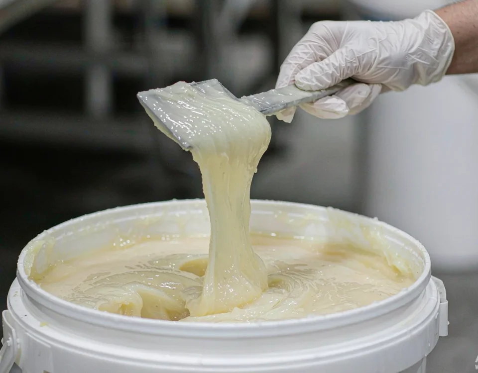 SLES 70% sodium laureth sulfate paste in an open plastic drum at a detergent raw material warehouse