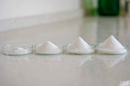 Four labeled samples of sodium lauryl sulfate with different active content grades 92 to 95 percent in glass dishes