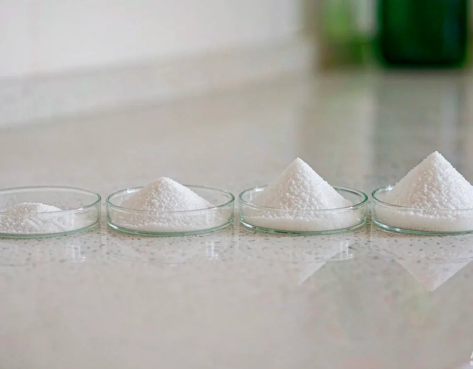 Four labeled samples of sodium lauryl sulfate with different active content grades 92 to 95 percent in glass dishes