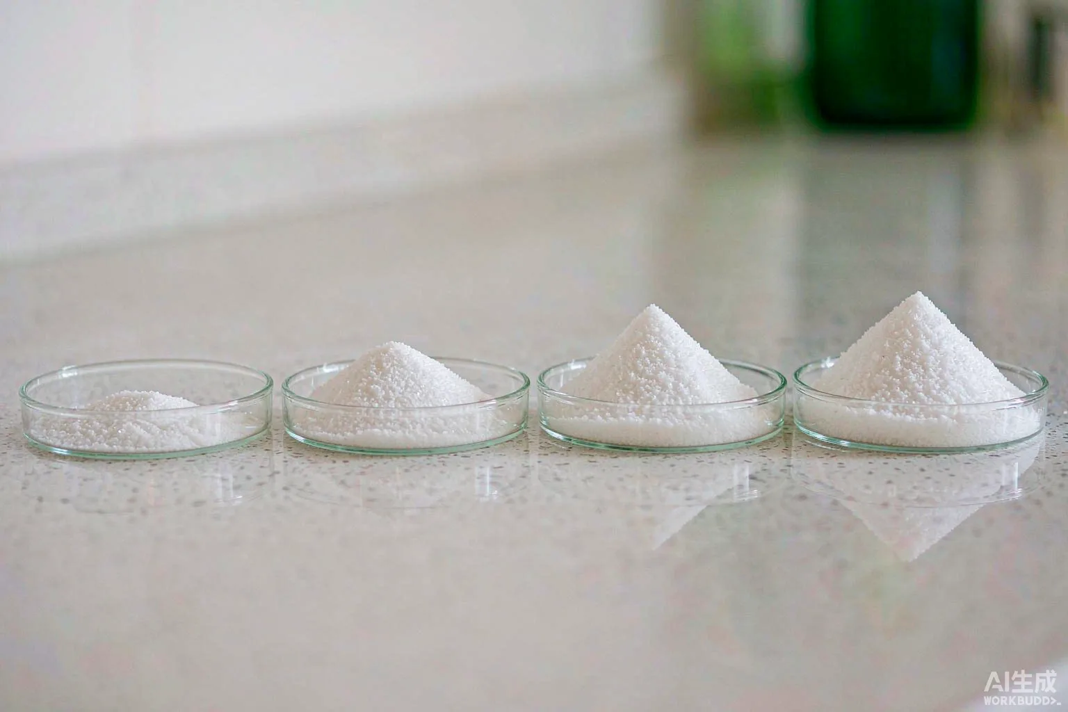 Four labeled samples of sodium lauryl sulfate with different active content grades 92 to 95 percent in glass dishes