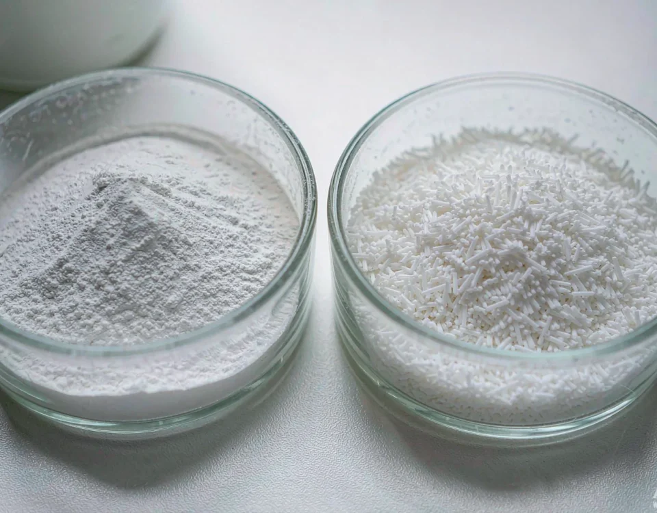 SLS needles and SLS powder in separate glass bowls showing the two physical forms of sodium lauryl sulfate