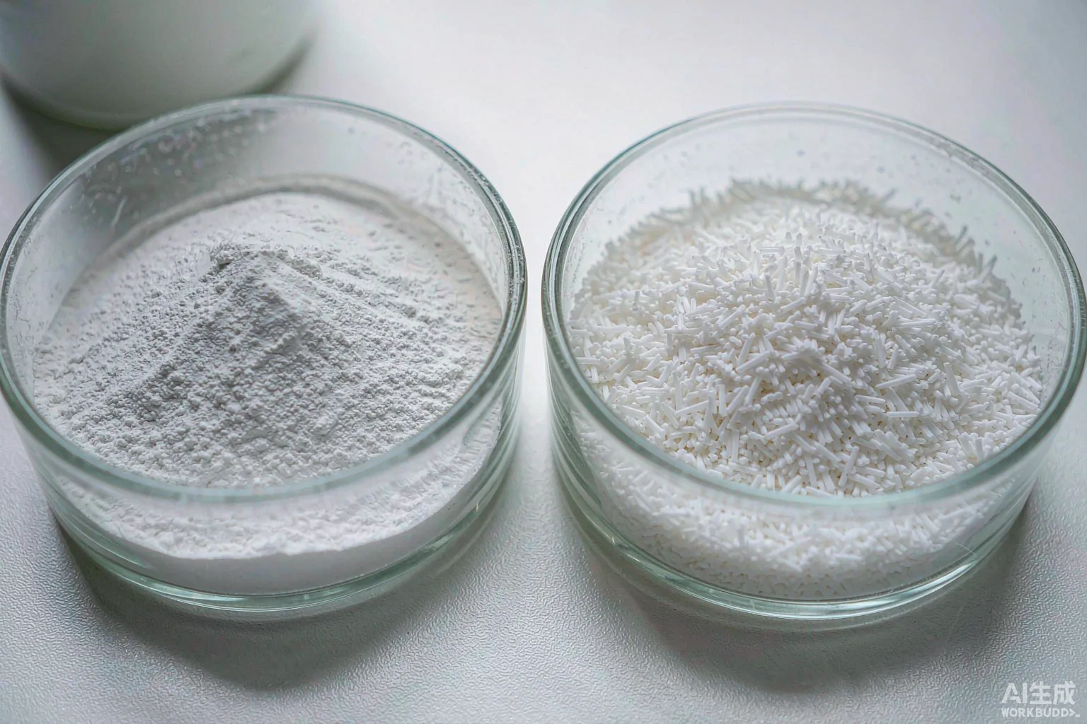 SLS needles and SLS powder in separate glass bowls showing the two physical forms of sodium lauryl sulfate