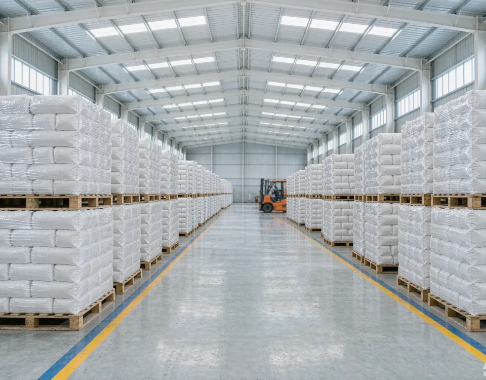 Stacked 25 kg bags of sodium lauryl sulfate in an export warehouse representing bulk SLS pricing and supply
