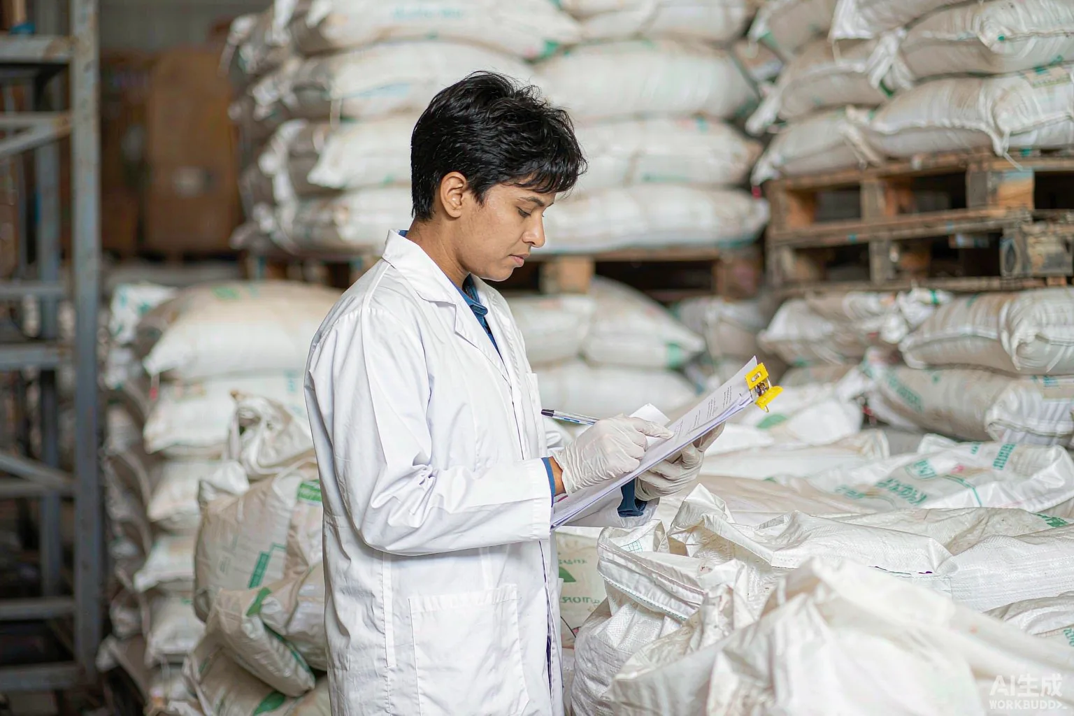 Quality control inspector checking a certificate of analysis for sodium lauryl sulfate raw material in a warehouse