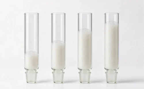 Four laboratory cylinders holding surfactant foam columns of different heights on a white background, AOS versus LAS hard water foam retention test