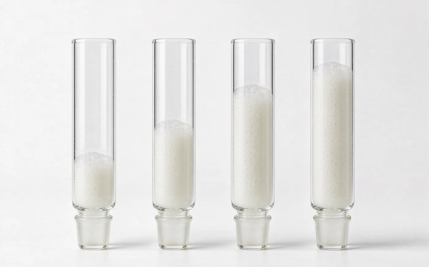 Four laboratory cylinders holding surfactant foam columns of different heights on a white background, AOS versus LAS hard water foam retention test