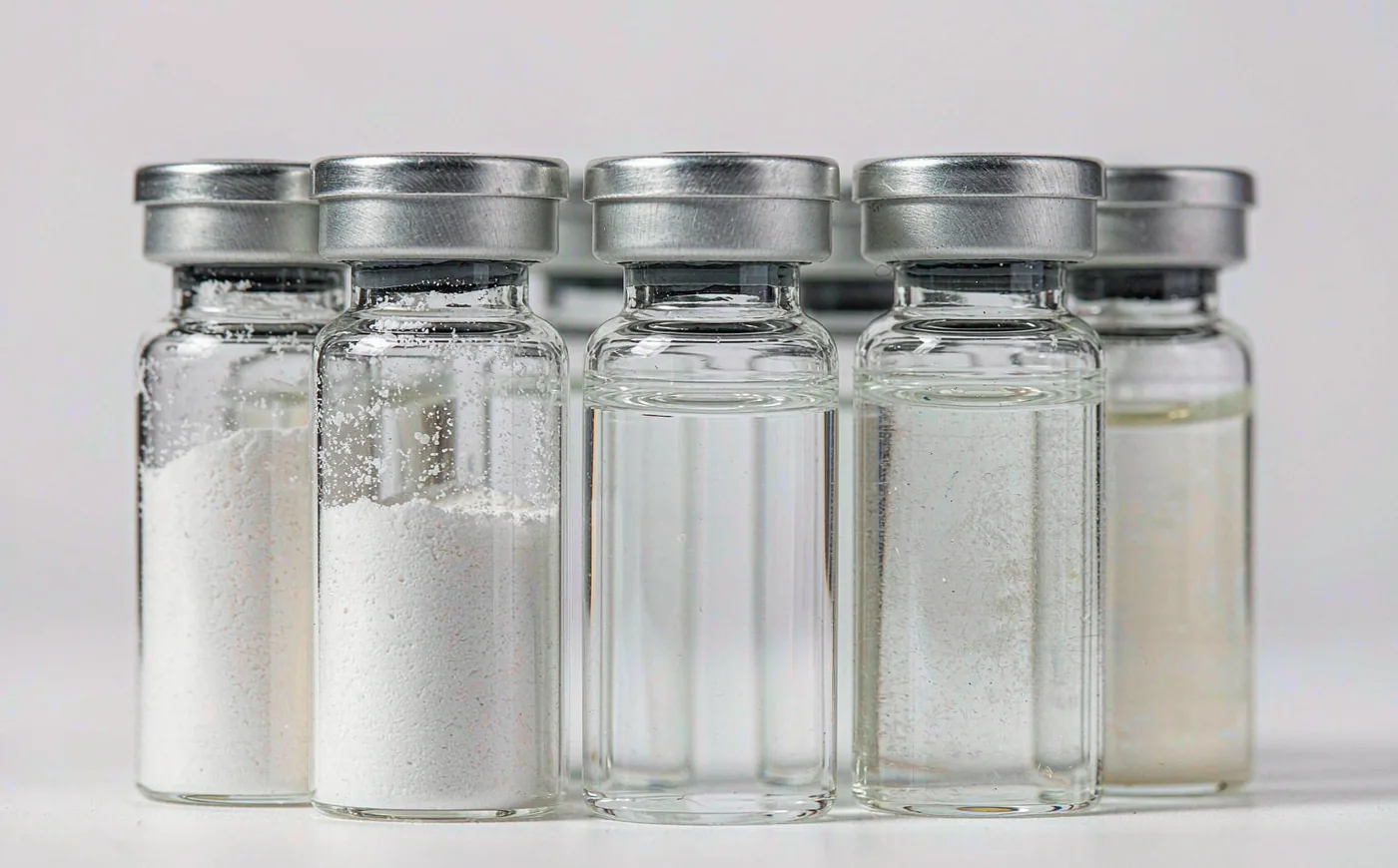 Small glass vials of white surfactant powder and clear liquid surfactant samples on a white background, one vial showing slight cloudiness, CMC and Krafft point comparison