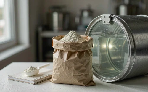 White surfactant powder in an open kraft paper bag next to a drum of clear liquid surfactant and a notebook on an industrial table, active matter cost comparison