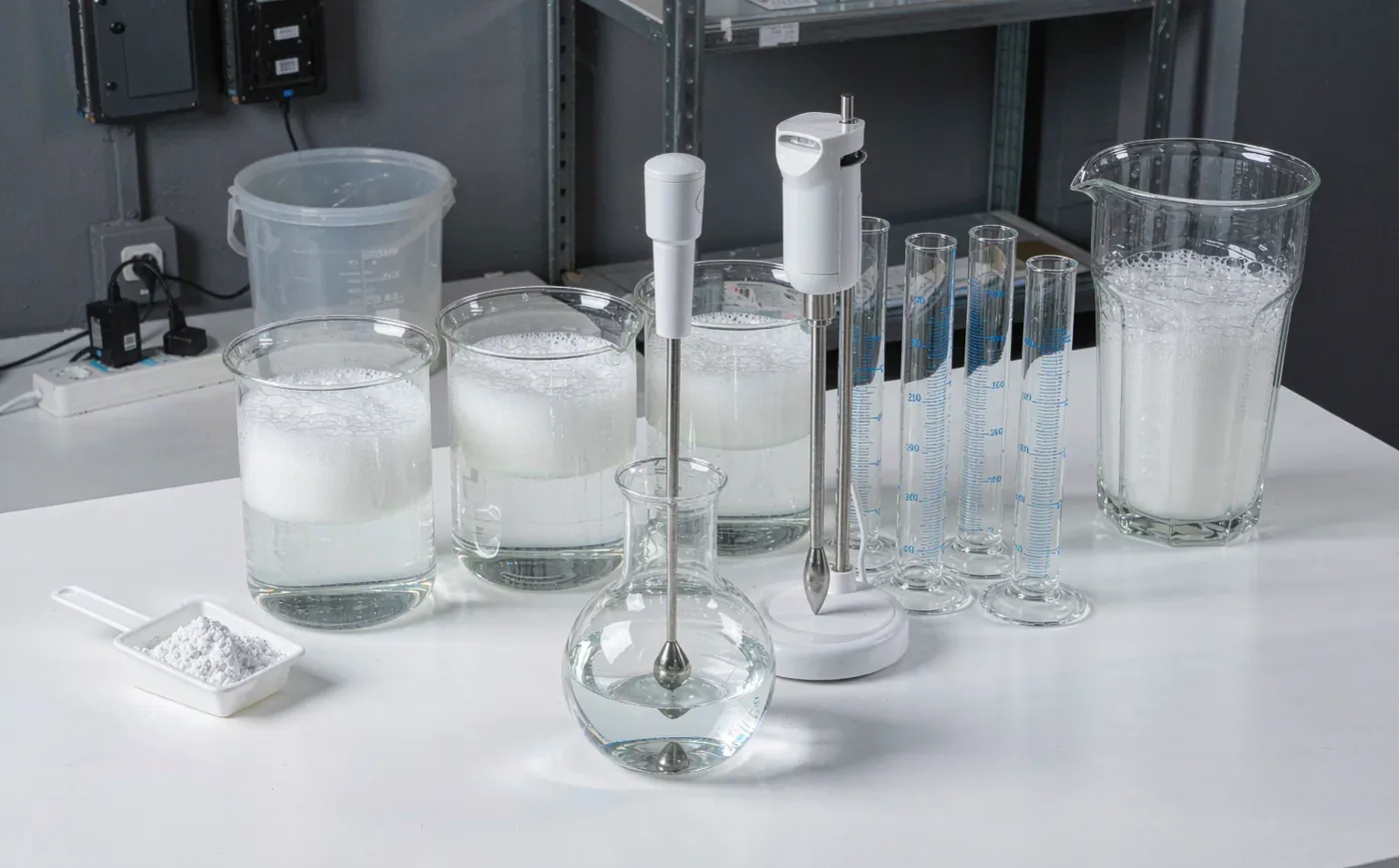 Laboratory formulation bench with beakers of foaming surfactant solution and white surfactant powder