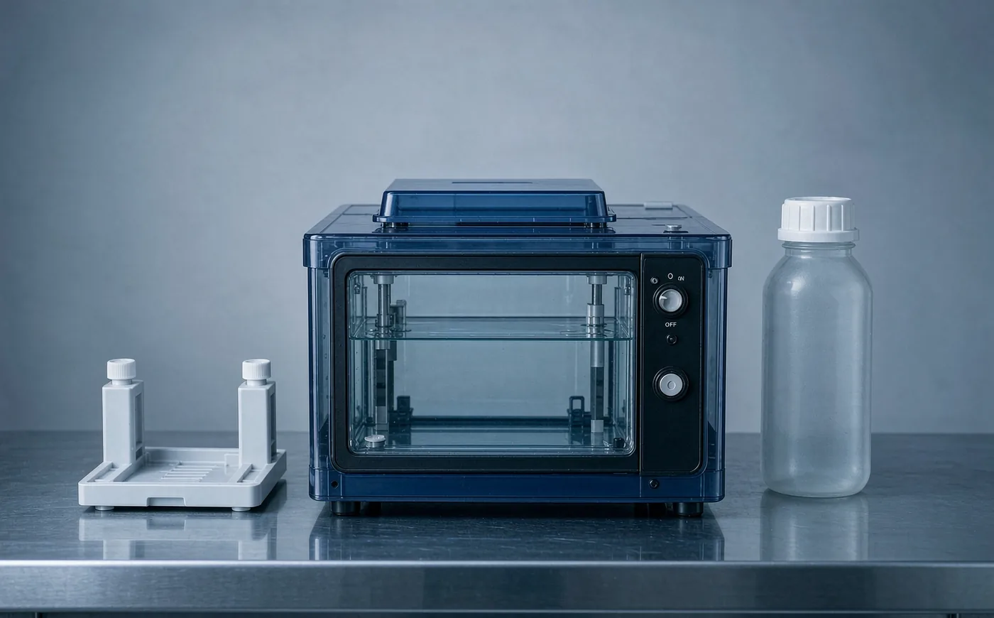 Electrophoresis gel tank with casting tray and buffer on a clean laboratory bench in a cold room setting, LDS versus SDS low-temperature comparison